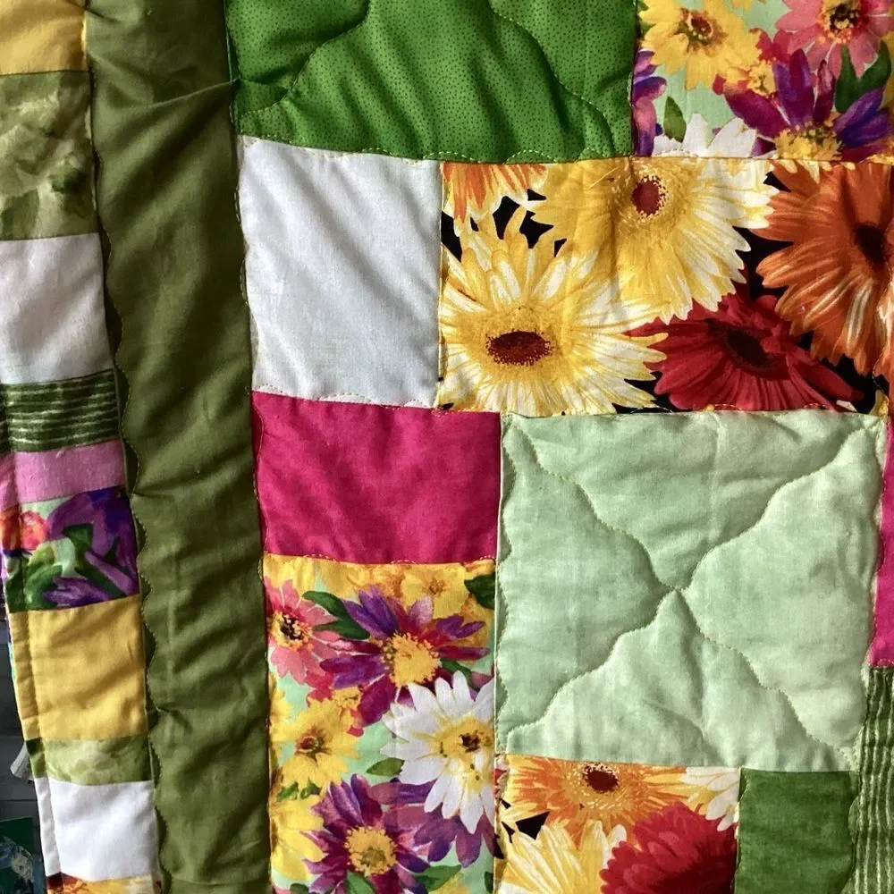 NWT. Hand Crafted Field of Flowers  Quilt with Green, Yellow and Pink Accents